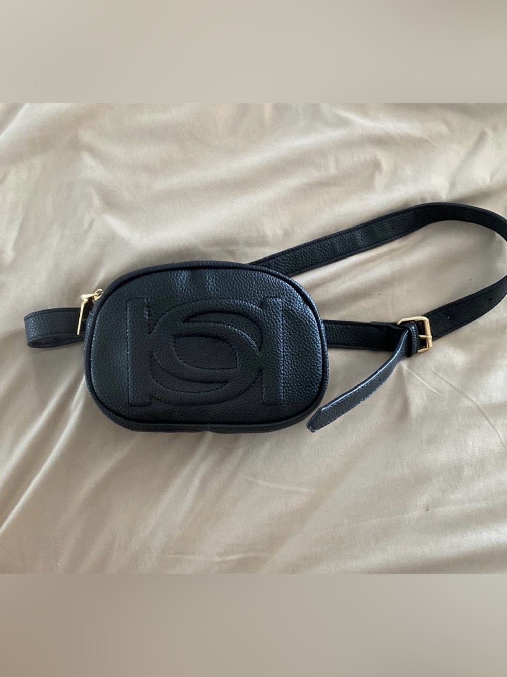 Versatile Bebe Black Pebbled Leather Crossbody Belt Bag with Gold Hardware